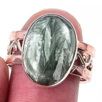 Natural Seraphinite Gemstone Handmade 925 Sterling Silver Two Tone Ring S.8 H1A77