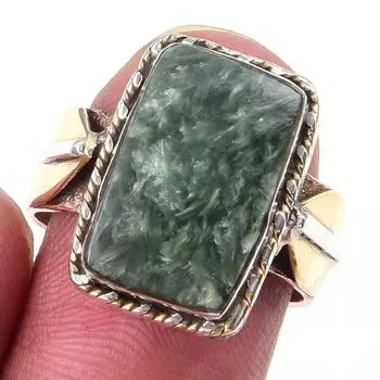 Natural Seraphinite Gemstone Handmade 925 Sterling Silver Two Tone Ring S.7 D7U00