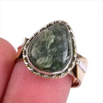 Natural Seraphinite Gemstone Two Tone 925 Sterling Silver Jewelry Ring S.8 z4i69