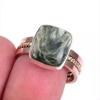 Natural Seraphinite Gemstone Two Tone 925 Sterling Silver Jewelry Ring S.8 m5y41