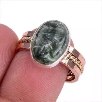 Natural Seraphinite Gemstone Two Tone 925 Sterling Silver Gift Ring S.7.5 Y3e95