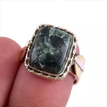 Natural Seraphinite Gemstone Two Tone 925 Sterling Silver Jewelry Ring S.6 e9k06
