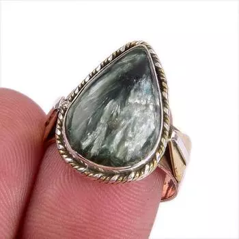 Natural Seraphinite Gemstone Two Tone 925 Sterling Silver Gift Ring S.7.5 V8N01