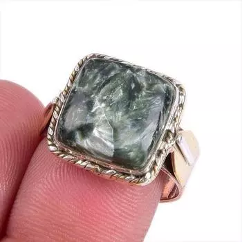 Natural Seraphinite Gemstone Two Tone 925 Sterling Silver Jewelry Ring S.8 d4s82