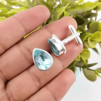 Natural Sky Blue Topaz Gemstone 925 Sterling Silver Handcrafted Cufflinks 0.66 CL-6-4