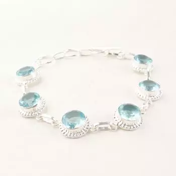 Natural Sky Blue Topaz Gemstone 925 Sterling Silver Boho Jewelry Bracelet 9 RB-9-4