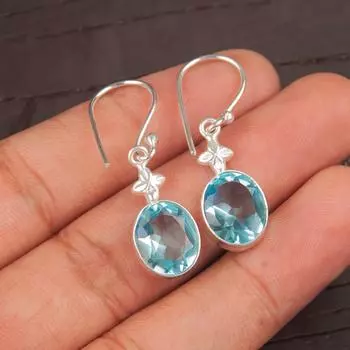 Natural Sky Blue Topaz Gemstone 925 Sterling Silver Handmade Jewelry Earrings EE-6-8