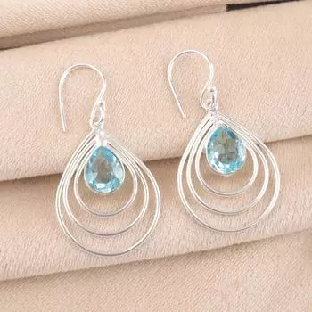 Natural Sky Blue Topaz Gemstone 925 Sterling Silver Handmade Hoop Earrings 1.80 EE-31-4