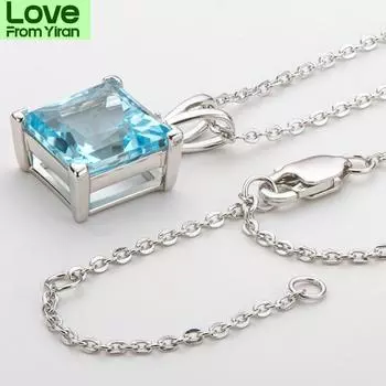 Подвеска из натурального небесно-голубого топаза, ожерелье из стерлингового серебра 925 пробы для женщин, 9 * 9 мм, женское ожерелье с подвеской, подарок на день рождения для девочки, оптовая продажа