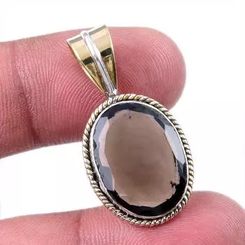Natural Smoky Quartz 925 Solid Sterling Silver TwoTone Gift Pendant 1.25 d1q47
