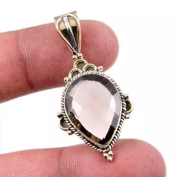 Natural Smoky Quartz 925 Solid Sterling Silver Jewelry TwoTone Pendant 1.5 g9a33