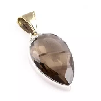 Natural Smoky Quartz Gemstone 925 Sterling Silver Two Tone Pendant 1.8 r7A48