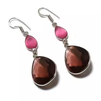 Серьги из серебра 925 пробы с натуральным дымчатым топазом и халцедоном 2,56 дюйма s3T91