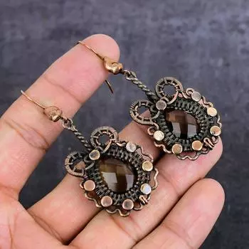 Серьги-обертки из натурального дымчатого топаза с медной проволокой 2,76 дюйма g9G28