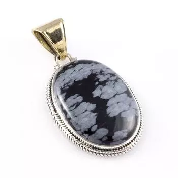 Natural Snowflake Obsidian 925 Sterling Silver Jewelry TwoTone Pendant 1.8 Y0P96