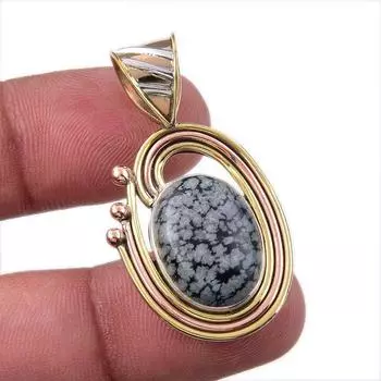 Natural Snowflake Obsidian 925 Sterling Silver TwoTone Gift Pendant 1.50 r7m72