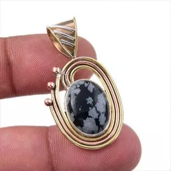 Natural Snowflake Obsidian 925 Sterling Silver TwoTone Gift Pendant 1.50 E7q39
