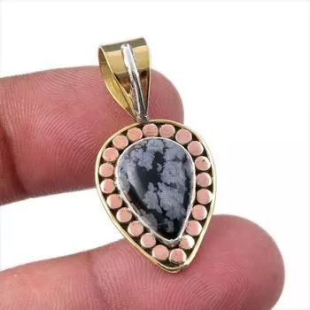 Natural Snowflake Obsidian 925 Sterling Silver TwoTone Gift Pendant 1.50 Y6R21