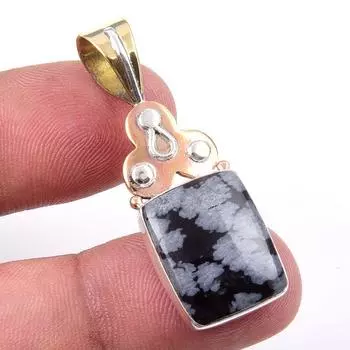 Natural Snowflake Obsidian Gemstone 925 Solid Silver Two Tone Pendant 1.75 q5B62