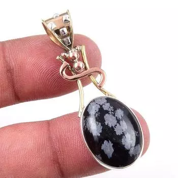 Natural Snowflake Obsidian Gemstone 925 Solid Silver Two Tone Pendant 1.75 V3v46