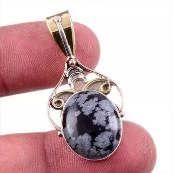 Natural Snowflake Obsidian Gemstone 925 Solid Silver Two Tone Pendant 1.5 J3G31