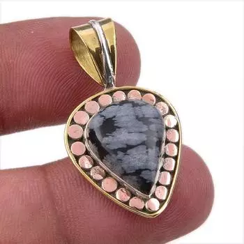 Natural Snowflake Obsidian Gemstone 925 Solid Silver Two Tone Pendant 1.25 k6y18