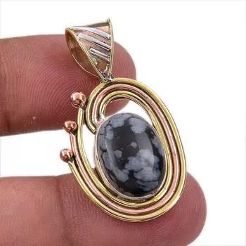 Natural Snowflake Obsidian Gemstone 925 Solid Silver Two Tone Pendant 1.50 h9b18