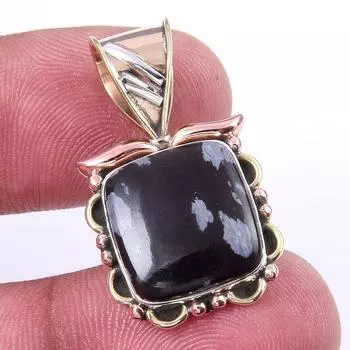 Natural Snowflake Obsidian Gemstone 925 Solid Silver Two Tone Pendant 1.25 D4N91