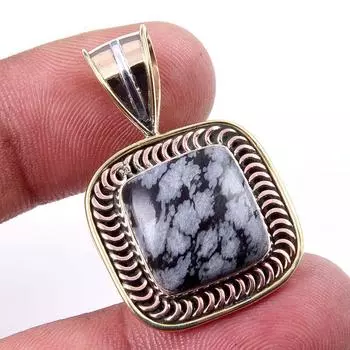 Natural Snowflake Obsidian Gemstone 925 Solid Silver Two Tone Pendant 1.25 Z8l04