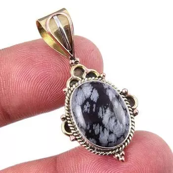 Natural Snowflake Obsidian Gemstone 925 Solid Silver Two Tone Pendant 1.50 V1V27