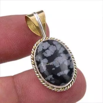 Natural Snowflake Obsidian Gemstone 925 Solid Silver Two Tone Pendant 1.25 z1z07