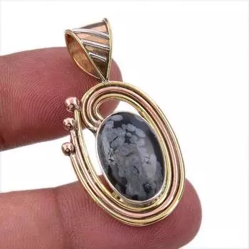Natural Snowflake Obsidian Gemstone 925 Solid Silver Two Tone Pendant 1.50 Y1v97