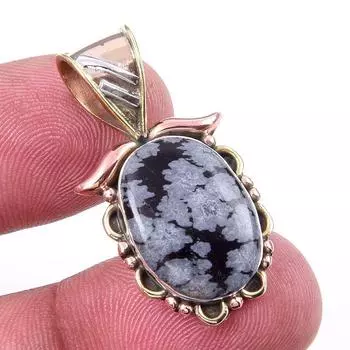 Natural Snowflake Obsidian Gemstone 925 Solid Silver Two Tone Pendant 1.25 r4t48