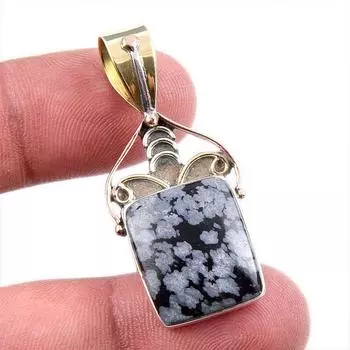 Natural Snowflake Obsidian Gemstone 925 Solid Silver Two Tone Pendant 1.75 b3q44