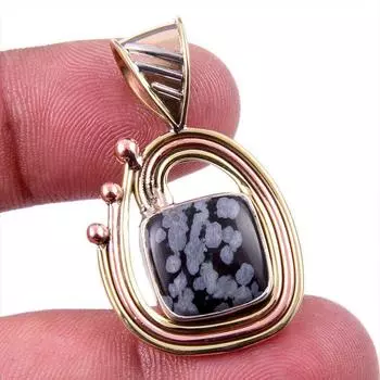 Natural Snowflake Obsidian Gemstone 925 Solid Silver Two Tone Pendant 1.50 W1d87