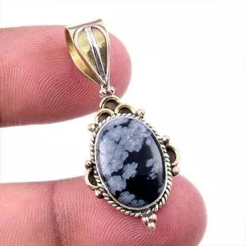 Natural Snowflake Obsidian Gemstone 925 Solid Silver Two Tone Pendant 1.50 Z4v84