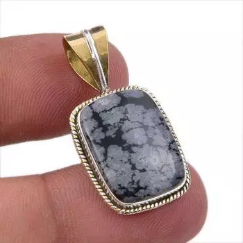 Natural Snowflake Obsidian Gemstone 925 Solid Silver Two Tone Pendant 1.25 S6n47