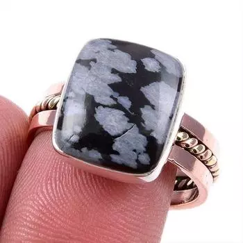 Natural Snowflake Obsidian Gemstone 925 Solid Silver Two Tone Ring Size 9US n1U23