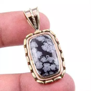 Natural Snowflake Obsidian Gemstone 925 Solid Silver Two Tone Pendant 1.5 q2j28