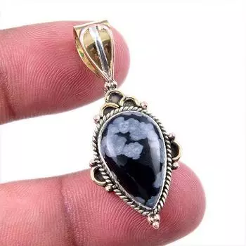Natural Snowflake Obsidian Gemstone 925 Solid Silver Two Tone Pendant 1.50 c2s59