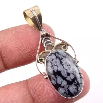 Natural Snowflake Obsidian Gemstone 925 Solid Silver Two Tone Pendant 1.75 z5g85