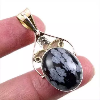 Natural Snowflake Obsidian Gemstone 925 Solid Silver Two Tone Pendant 1.75 q7d27