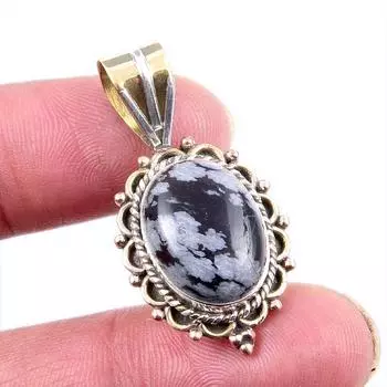 Natural Snowflake Obsidian Gemstone 925 Solid Silver Two Tone Pendant 1.5 r4i49