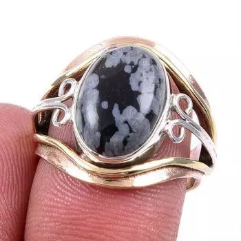 Natural Snowflake Obsidian Gemstone 925 Solid Silver Two Tone Ring S.6.5US q1e42