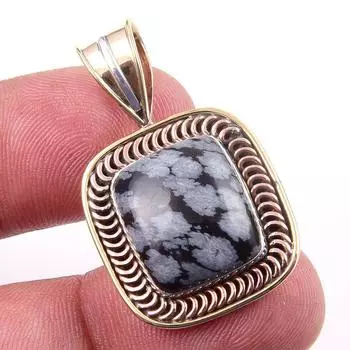 Natural Snowflake Obsidian Gemstone 925 Solid Silver Two Tone Pendant 1.25 A3l86
