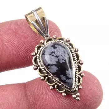 Natural Snowflake Obsidian Gemstone 925 Solid Silver Two Tone Pendant 1.50 S2c34