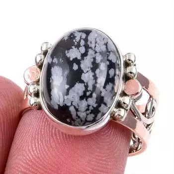 Натуральный камень Снежный обсидиан 925 проба Стерлинговое серебро Двухцветное кольцо Размер 8US B4u02