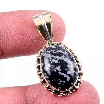 Natural Snowflake Obsidian Gemstone 925 Solid Silver Two Tone Pendant 1.25 z9W35
