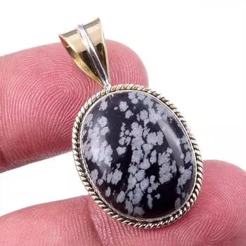 Natural Snowflake Obsidian Gemstone 925 Solid Silver Two Tone Pendant 1.50 V0g07
