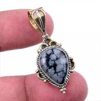 Natural Snowflake Obsidian Gemstone 925 Solid Silver Two Tone Pendant 1.50 i4w50